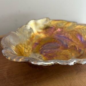 VTG Carnival Glass Loganberry Marigold Amber Leaf Nut Candy Dish Bowl textured